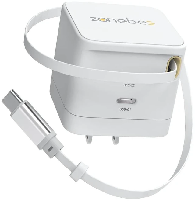 Main image of 65W GaN Retractable USB C Fast Charger Wall Plug with Dual USB-C Ports | Built-in 2.3ft cable, foldable plug for MacBook Air/Pro, iPad, iPhone 17/16, Galaxy S25/S24, Pixel 10 & Laptops
