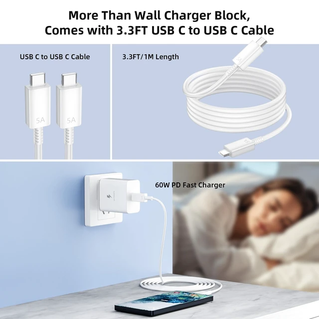 Alt view image 3 of 7 - 60W USB C Charger PD 5A Cable for Super Fast Charging 3.0 Wall Plug Adapter|Power Adaptor for iPhone 18Pro Max Duo 17 16 15 Samsung S26 Ultra S25 S23 A17 A16 Pixel 10a 9a Chromebook Type C Charge Cord