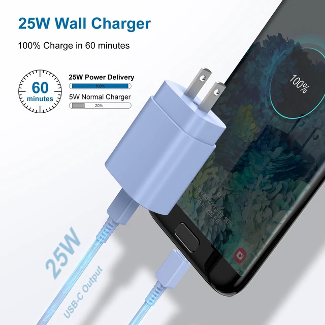 Alt view image 3 of 7 - Type-C Charger, 2Pack 25W PD USB-C Super Fast Charging Blocks &10ft Cables|PD Wall Charger Blocks &10+10ft USBC Cord for Samsung Galaxy S26/S25/S24/S23/S22/S21/S20 Plus/Ultra, Note 20/10/9/8, S10 Blue