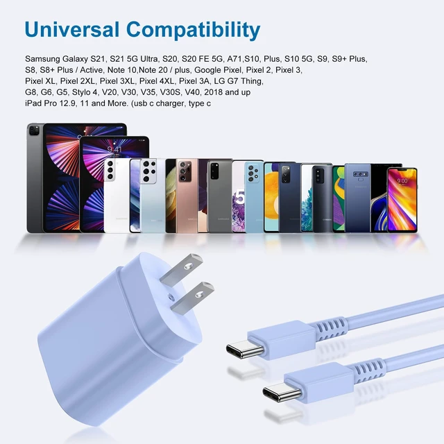 Alt view image 5 of 7 - Type-C Charger, 2Pack 25W PD USB-C Super Fast Charging Blocks &10ft Cables|PD Wall Charger Blocks &10+10ft USBC Cord for Samsung Galaxy S26/S25/S24/S23/S22/S21/S20 Plus/Ultra, Note 20/10/9/8, S10 Blue