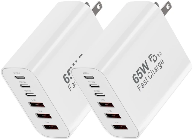 Main image of 65W USB C Charging Cubes, 6-Port PD+QC Power Adapter Multiport Brick | USB C Fast Wall Charger Block, 2Pack Type C Box Plug for iPhone Duo, iPhone 18 Pro/18 Pro Max,iPhone 17/16/15 Series