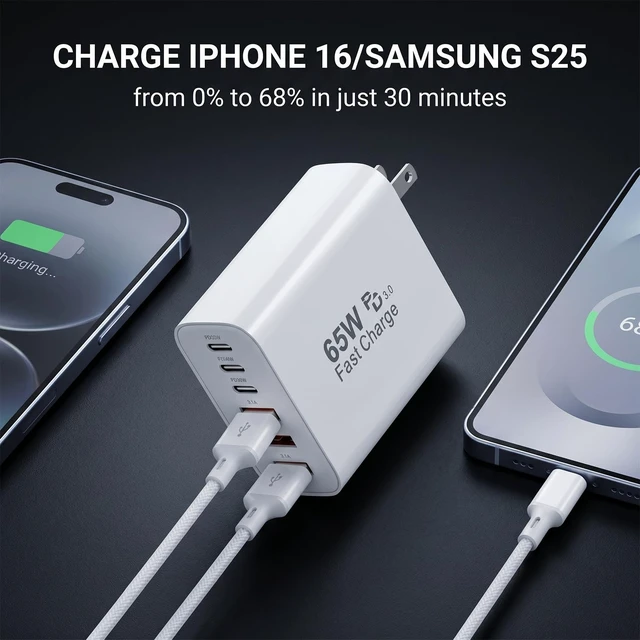 Alt view image 2 of 7 - 65W USB C Charging Cubes, 6-Port PD+QC Power Adapter Multiport Brick | USB C Fast Wall Charger Block, 2Pack Type C Box Plug for iPhone Duo, iPhone 18 Pro/18 Pro Max,iPhone 17/16/15 Series