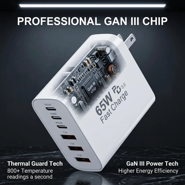 Alt view image 3 of 7 - 65W USB C Charging Cubes, 6-Port PD+QC Power Adapter Multiport Brick | USB C Fast Wall Charger Block, 2Pack Type C Box Plug for iPhone Duo, iPhone 18 Pro/18 Pro Max,iPhone 17/16/15 Series
