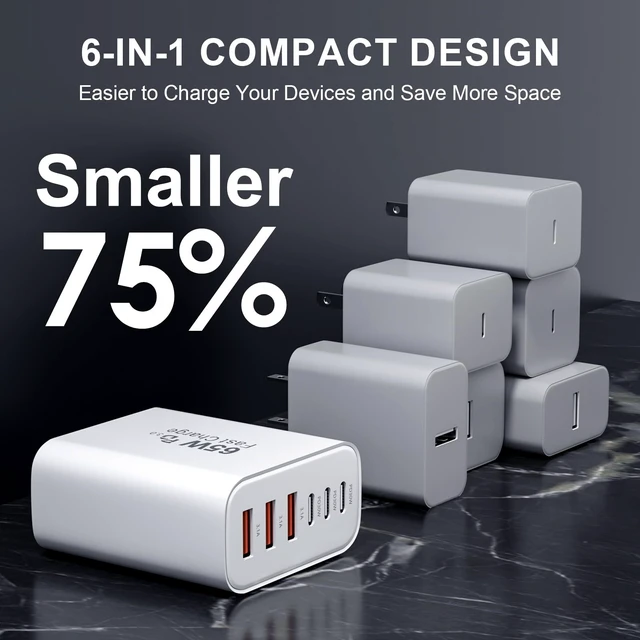 Alt view image 6 of 7 - 65W USB C Charging Cubes, 6-Port PD+QC Power Adapter Multiport Brick | USB C Fast Wall Charger Block, 2Pack Type C Box Plug for iPhone Duo, iPhone 18 Pro/18 Pro Max,iPhone 17/16/15 Series
