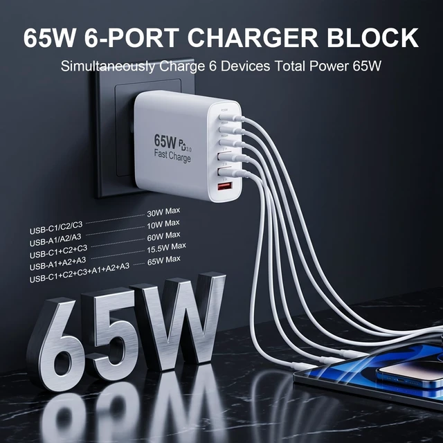 Alt view image 7 of 7 - 65W USB C Charging Cubes, 6-Port PD+QC Power Adapter Multiport Brick | USB C Fast Wall Charger Block, 2Pack Type C Box Plug for iPhone Duo, iPhone 18 Pro/18 Pro Max,iPhone 17/16/15 Series