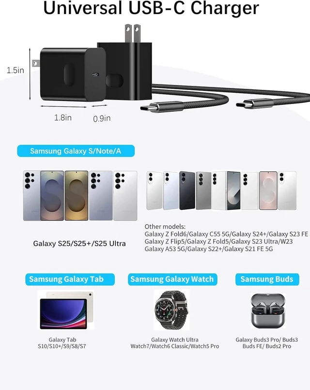 Alt view image 6 of 7 - 45W USB C Fast Charger, 2-Pack Super Fast Charging Wall Charger Block with 2X 10FT USB C to C Cable for Samsung Galaxy S26 Ultra/S26/S25/S24, iPhone 18/17/16/15, iPad and USB-C Devices