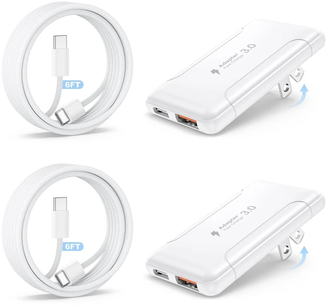 Main image of 2 Pack Flat USB C Charger,50W Slim Dual USB-C Charging Block with Cables | Low Profile USB C Wall Charger,Foldable Slim Wall Plug,50W Dual Port Charging Block with Cables for iPhone,Galaxy,iPad,Pixel