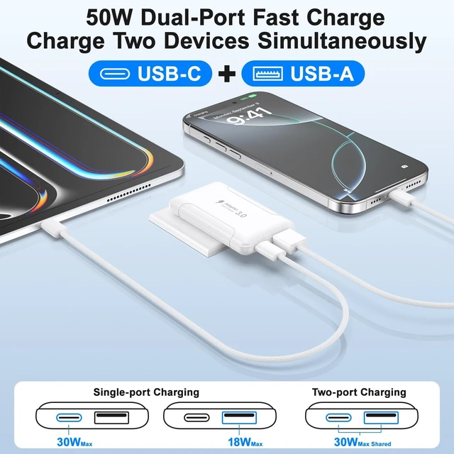 Alt view image 2 of 7 - 2 Pack Flat USB C Charger,50W Slim Dual USB-C Charging Block with Cables | Low Profile USB C Wall Charger,Foldable Slim Wall Plug,50W Dual Port Charging Block with Cables for iPhone,Galaxy,iPad,Pixel