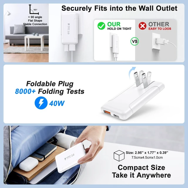 Alt view image 5 of 7 - 2 Pack Flat USB C Charger,50W Slim Dual USB-C Charging Block with Cables | Low Profile USB C Wall Charger,Foldable Slim Wall Plug,50W Dual Port Charging Block with Cables for iPhone,Galaxy,iPad,Pixel