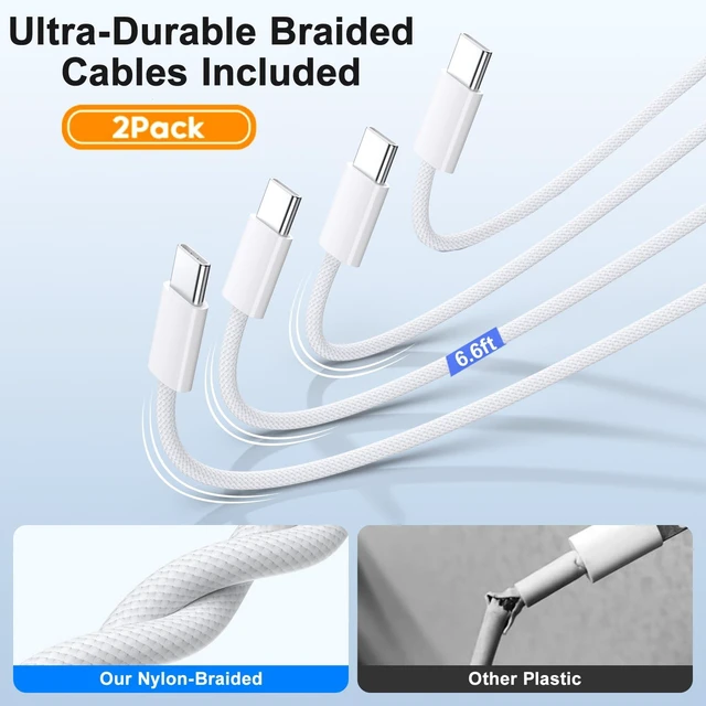 Alt view image 6 of 7 - 2 Pack Flat USB C Charger,50W Slim Dual USB-C Charging Block with Cables | Low Profile USB C Wall Charger,Foldable Slim Wall Plug,50W Dual Port Charging Block with Cables for iPhone,Galaxy,iPad,Pixel