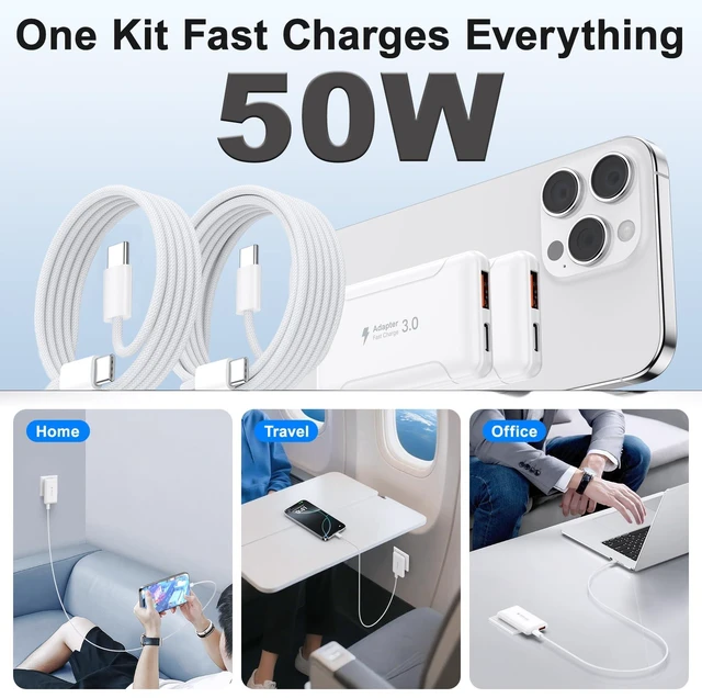 Alt view image 7 of 7 - 2 Pack Flat USB C Charger,50W Slim Dual USB-C Charging Block with Cables | Low Profile USB C Wall Charger,Foldable Slim Wall Plug,50W Dual Port Charging Block with Cables for iPhone,Galaxy,iPad,Pixel