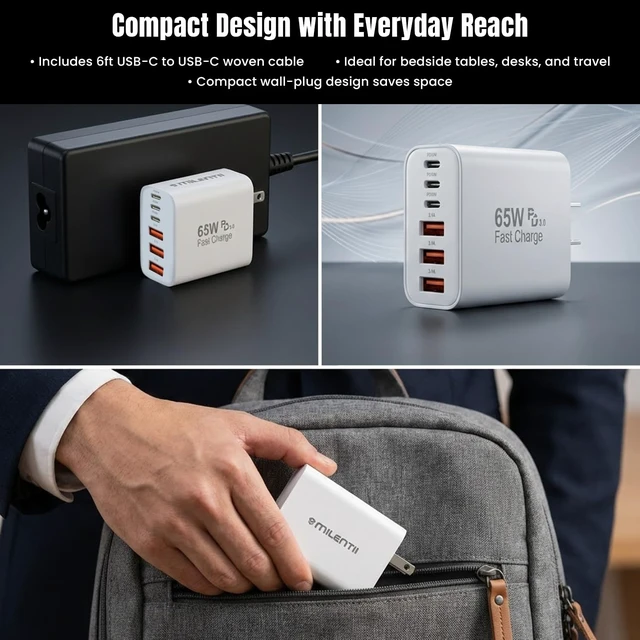 Alt view image 5 of 7 - USB C Super Fast Charger Block, 65W USB C Wall Charger Plug, 6-Port 65W Type C Phone Charging Cubes Multiport Power Adapter for iPhone 17/16/15/14/13/12 Series,Galaxy S26/S25 Ultra,iPad,Mac Book