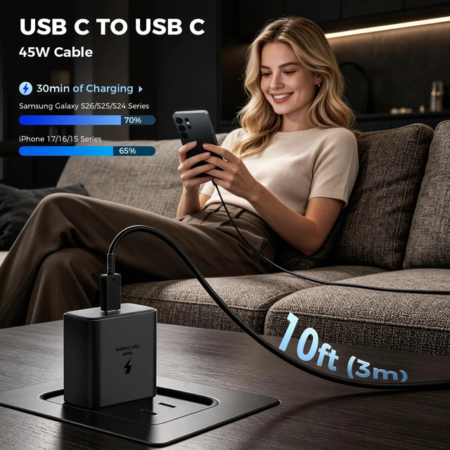 Alt view image 6 of 7 - 2 Pack 45W USB C Charger, Super Fast Charging Block with 10FT Cable | PD 3.0/PPS Type C Wall Charger Compatible with Samsung Galaxy S26 Ultra/S25/S24/S23/S22, iPhone 18/17/16/15 Pro Max, iPad Pro