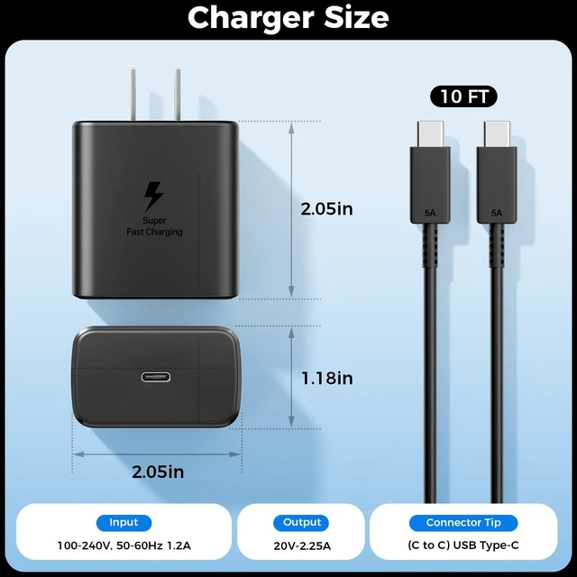 Alt view image 7 of 7 - 2 Pack 45W USB C Charger, Super Fast Charging Block with 10FT Cable | PD 3.0/PPS Type C Wall Charger Compatible with Samsung Galaxy S26 Ultra/S25/S24/S23/S22, iPhone 18/17/16/15 Pro Max, iPad Pro