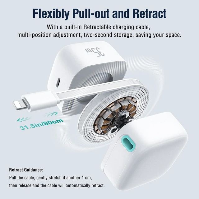Alt view image 2 of 7 - Retractable Charger for iPhone, 35W PD Fast Charger Block with Retractable Cable (31.5 inch) and Type C Ports, Portable Charger Adapter for iPhone 14/13 Pro Max/iPad/AirPods