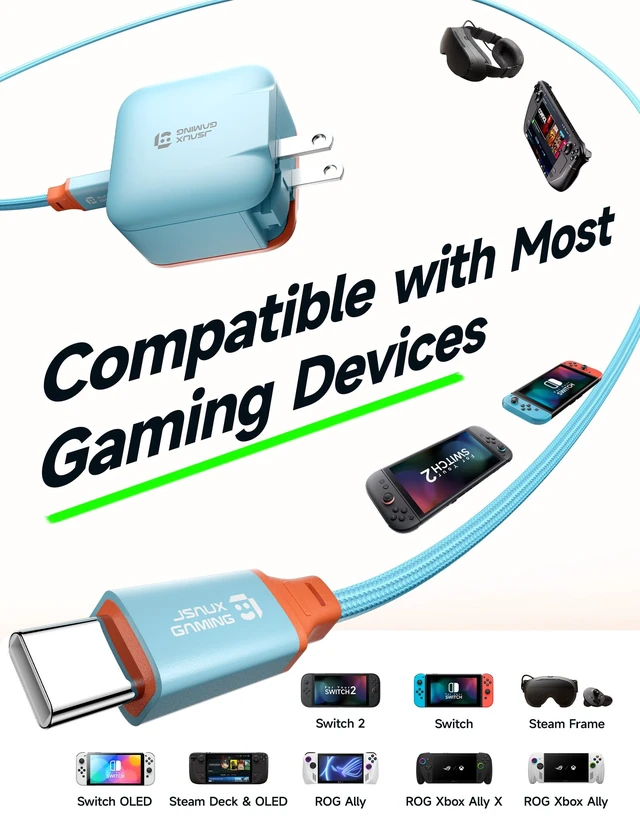 Alt view image 5 of 7 - JSAUX 65W GaN USB C Charger for Switch 2, EU/UK Plug, 6.6FT Cable, Blue | Powers in TV Mode, PD Fast Charging for Steam Frame, Steam Deck, ROG Xbox Ally, ROG Ally, iPhone 18 Pro Max, Tablet & Laptop