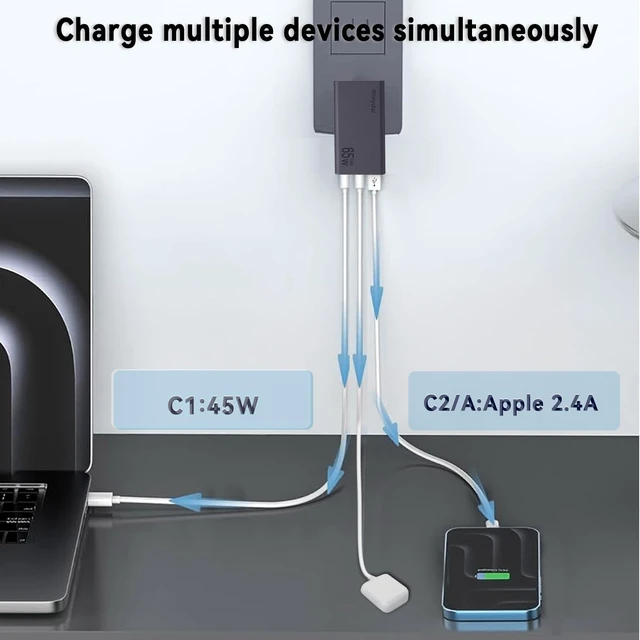 Alt view image 4 of 7 - 65W Flat USB C Wall Charger Block,3-Ports Slim USB C Charger,Grey | 65W Fast Charging,Foldable Plug for Travel,Ultra-Thin,3-Ports Fast Charging For MacBook/iPad/iPhone/Galaxy,GaN Technology