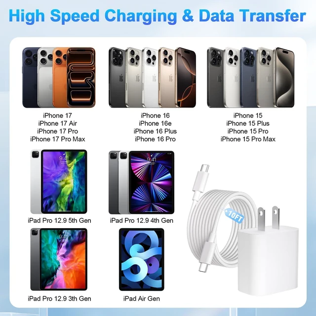 Alt view image 3 of 7 - iPhone 17 16 15 Charger Fast Charging,2Pack 10FT USB C Charging Cable with 20W USB C Charger Block Fast Charger for Apple iPhone 17 Pro Max/17 Air/17/16 Pro Max/15 Plus/16/iPad Pro/iPad Air,AirPods
