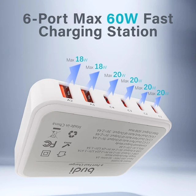 Alt view image 4 of 6 - Flat Wall Charger, 60W Charging Station Slim USB Wall Charger, Fast Charging Block Type-C for iPhone 17/16/15/14/13/12/11/Pro Max/XS/XR