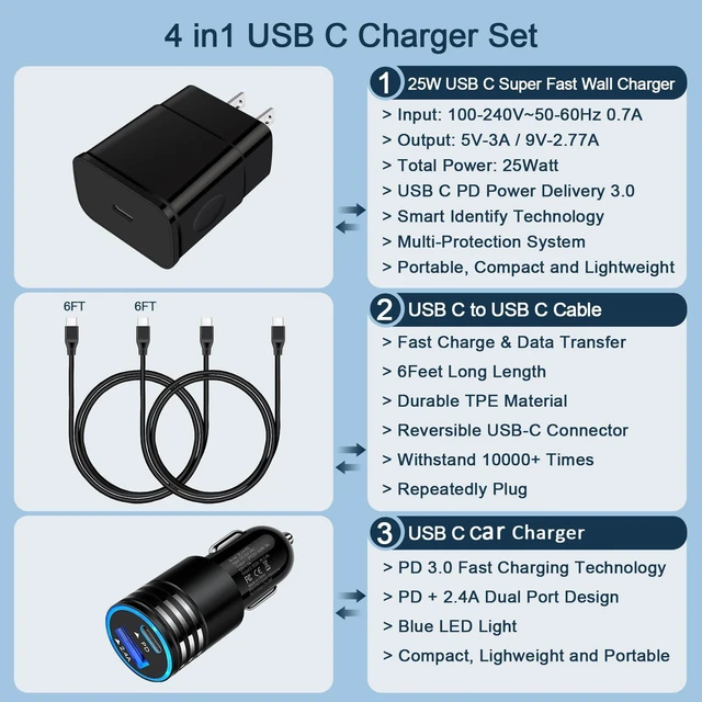 Alt view image 6 of 7 - Type C Fast Charger for Samsung Galaxy Z Flip 8 7 Z Fold 8 S26 S25 FE Edge | A57 A37 A17 A56 A36 A26 A16 A55 A35 A25 A15 S24 Ultra S23,25W Wall Charger Block+30W Car Adapter+2Pack 6FT USB C to C Cable
