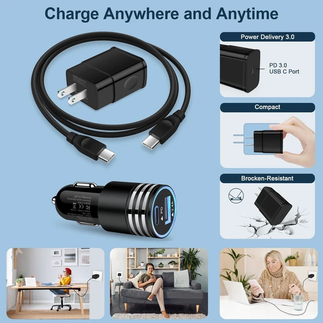 Alt view image 7 of 7 - Type C Fast Charger for Samsung Galaxy Z Flip 8 7 Z Fold 8 S26 S25 FE Edge | A57 A37 A17 A56 A36 A26 A16 A55 A35 A25 A15 S24 Ultra S23,25W Wall Charger Block+30W Car Adapter+2Pack 6FT USB C to C Cable