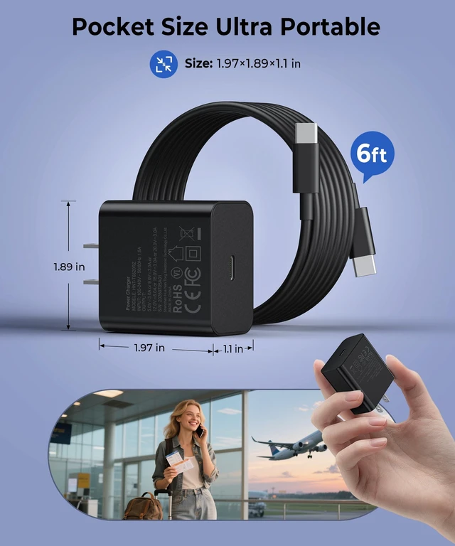 Alt view image 7 of 7 - Super Fast Charger USB C, 2-Pack 60W Type C Wall Charger Block 6FT Cable | Type C Charger Fast Charging for Samsung Galaxy S26/S25/S24/S23, for iPhone 18/17/16/15 Pro,Pro Max,DUO,Air,iPad,Android
