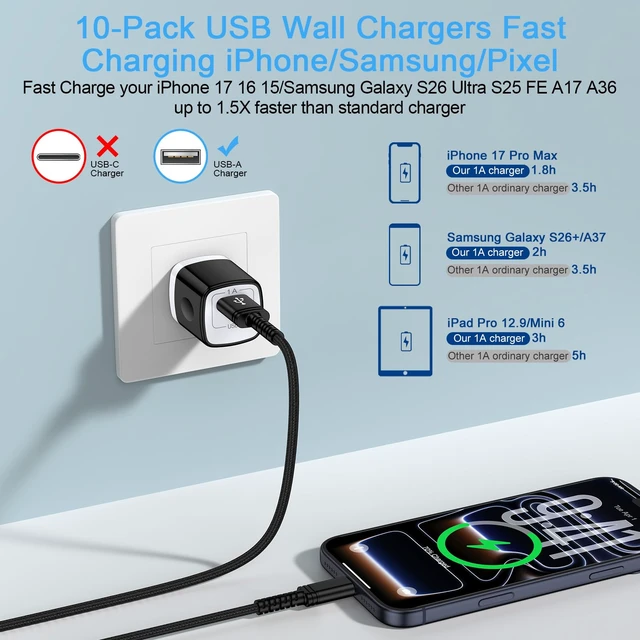 Alt view image 2 of 7 - 5V 1A Power Adapter USB A Charger Block 10Pack for iPhone 18 Pro Max/17e/16|Charging Cube USB Bulk Single Port Wall Outlet Plug for Samsung Galaxy A18/S26 Ultra/Z Fold8/Flip8/S26FE/A17/A36/A37/A08/S25