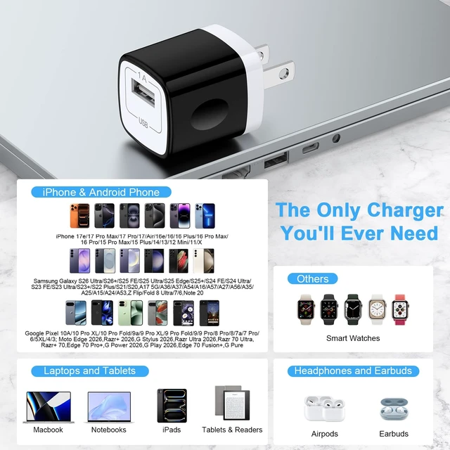 Alt view image 6 of 7 - 5V 1A Power Adapter USB A Charger Block 10Pack for iPhone 18 Pro Max/17e/16|Charging Cube USB Bulk Single Port Wall Outlet Plug for Samsung Galaxy A18/S26 Ultra/Z Fold8/Flip8/S26FE/A17/A36/A37/A08/S25