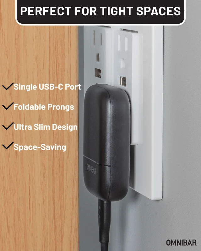 Alt view image 2 of 7 - Omnibar 30W Slim Flat USB C Wall Charger, GaN PD3.0 PPS Fast Charger, Black|Ultra-Thin Low-Profile Foldable Plug, Type C Charger Fast Charging, for iPhone 18/17/16, Galaxy S26/S25 (Cable Not Included)