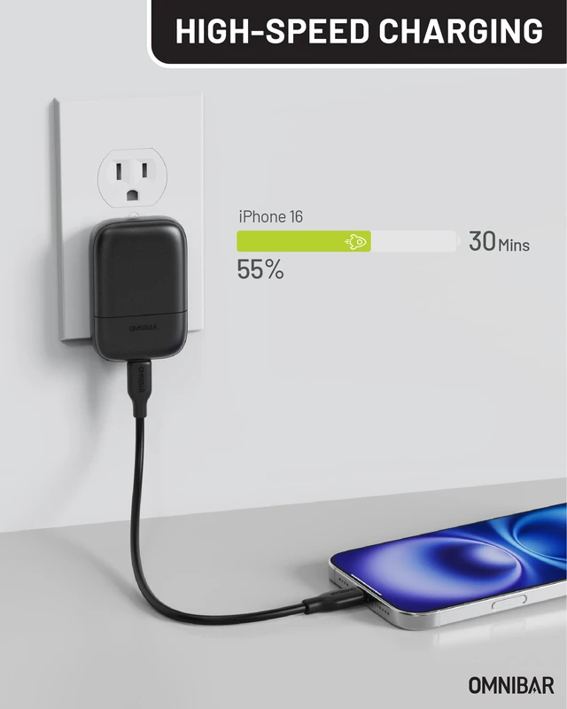 Alt view image 5 of 7 - Omnibar 30W Slim Flat USB C Wall Charger, GaN PD3.0 PPS Fast Charger, Black|Ultra-Thin Low-Profile Foldable Plug, Type C Charger Fast Charging, for iPhone 18/17/16, Galaxy S26/S25 (Cable Not Included)