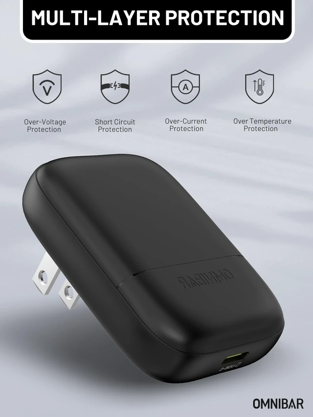 Alt view image 6 of 7 - Omnibar 30W Slim Flat USB C Wall Charger, GaN PD3.0 PPS Fast Charger, Black|Ultra-Thin Low-Profile Foldable Plug, Type C Charger Fast Charging, for iPhone 18/17/16, Galaxy S26/S25 (Cable Not Included)