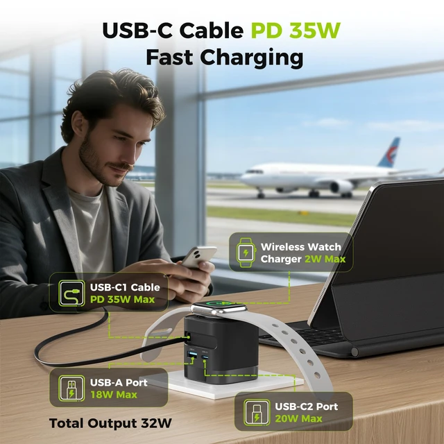 Alt view image 3 of 7 - Charging Blocks for Apple Watch, CHARCO 35W Retractable USB C Charger Block|1 USB C and 1 USB A Wireless Smart Watch Charger with Foldable Plug, Compatible with iPhone18/Duo, AirPods, iWatch, 1 Pack.