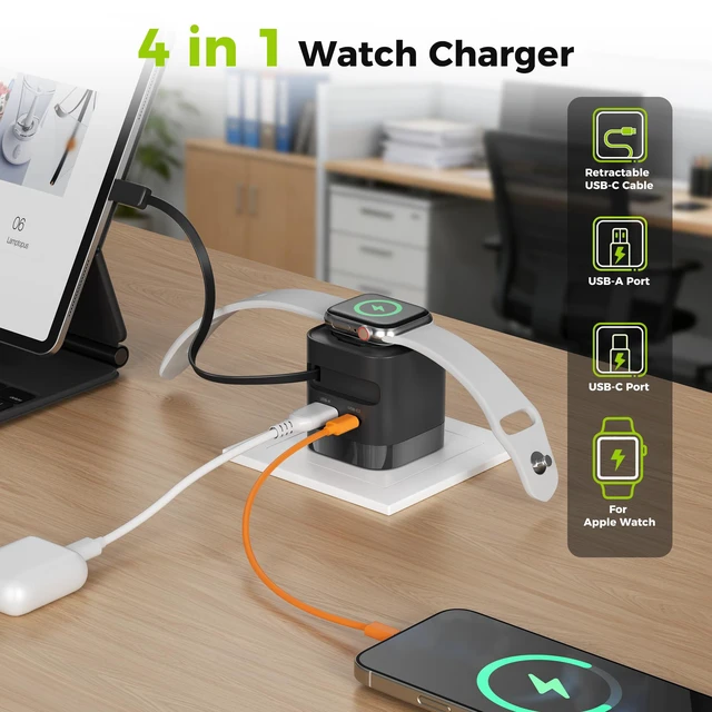 Alt view image 4 of 7 - Charging Blocks for Apple Watch, CHARCO 35W Retractable USB C Charger Block|1 USB C and 1 USB A Wireless Smart Watch Charger with Foldable Plug, Compatible with iPhone18/Duo, AirPods, iWatch, 1 Pack.