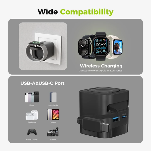 Alt view image 7 of 7 - Charging Blocks for Apple Watch, CHARCO 35W Retractable USB C Charger Block|1 USB C and 1 USB A Wireless Smart Watch Charger with Foldable Plug, Compatible with iPhone18/Duo, AirPods, iWatch, 1 Pack.