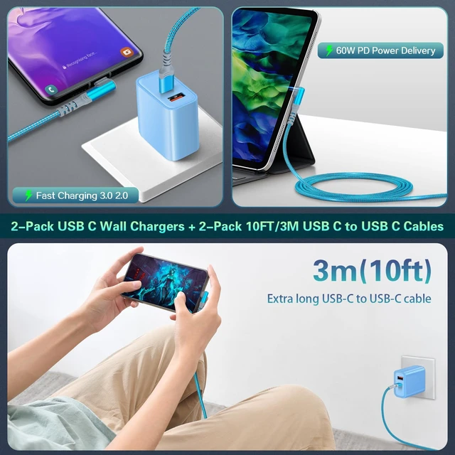 Alt view image 6 of 7 - Fast C Charger Kit, 2 Pack 20W PD USB C Wall Charger Block Type-C Cable | 10ft Android Phone Charger 90 Degree C-C Cable Fit for iPhone 15/16/17 Samsung Galaxy S25/S24 Plus/S23/S22 Ultra Note 10 Plus