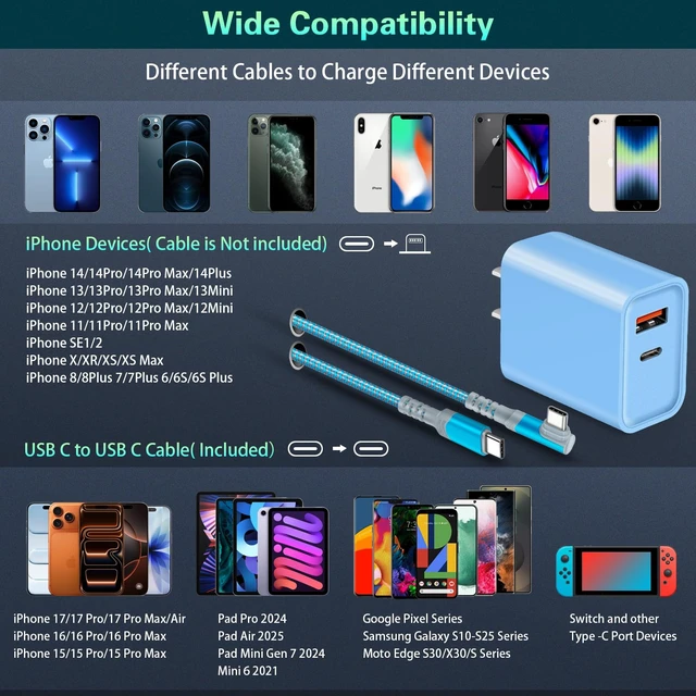 Alt view image 7 of 7 - Fast C Charger Kit, 2 Pack 20W PD USB C Wall Charger Block Type-C Cable | 10ft Android Phone Charger 90 Degree C-C Cable Fit for iPhone 15/16/17 Samsung Galaxy S25/S24 Plus/S23/S22 Ultra Note 10 Plus