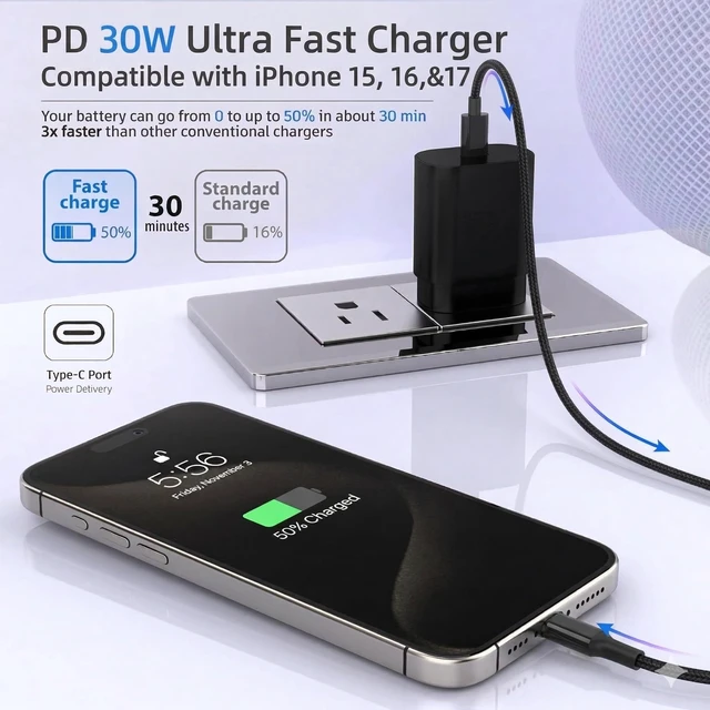 Alt view image 5 of 6 - 2-Pack 30W USB C Charger Block Wall Power Adapter for iPhone 18 Pro,17 | PD 3.0 fast charging Block, Compatible with iPhone Duo, 18/17/16/15/14/13 Pro Max series, iPad, Pro (Black)