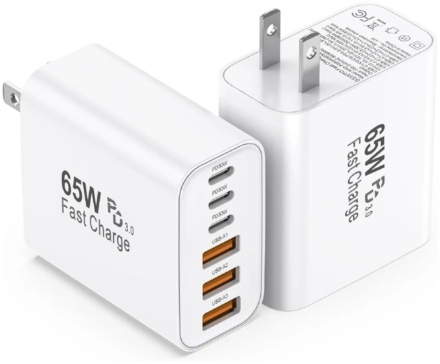 Main image of 65W USB C Charger Blocks, USB-C Wall Fast Charging Block, 2 Pack | USB Type C/A Fast Charging Plug, 6-Port Multiport Charger Plug Power Adapter for iPhone Duo 18 17 16 15 14 13 Pro Max, iPad