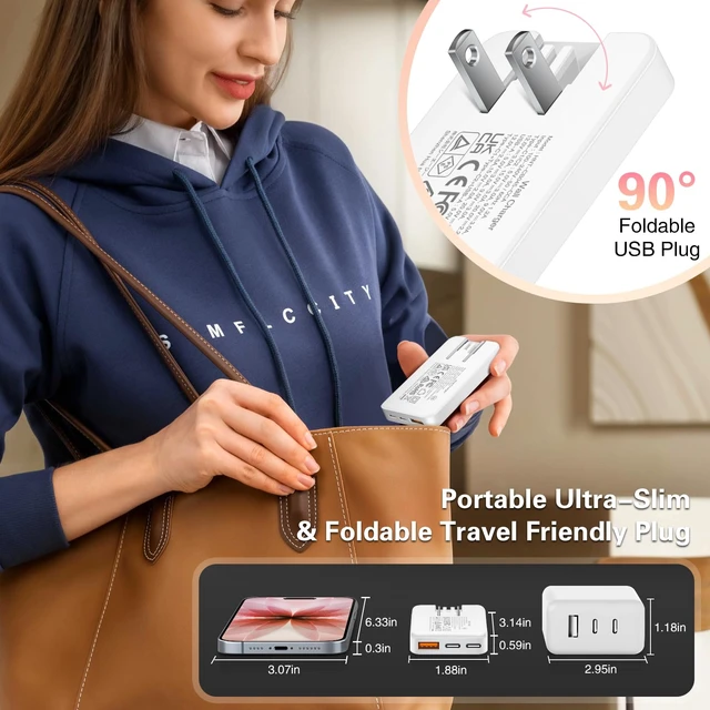 Alt view image 3 of 7 - 3Pack Ultra Thin Flat USBC Charger Block, 60W 3Port Fast Charging Wall Plug | Dual USB-C PD3.0 45W & QC3.0 USB-A Foldable Slim Power Adapter for iPhone 18/17/16, Galaxy S25, iPad, Mac, Pixel, Travel