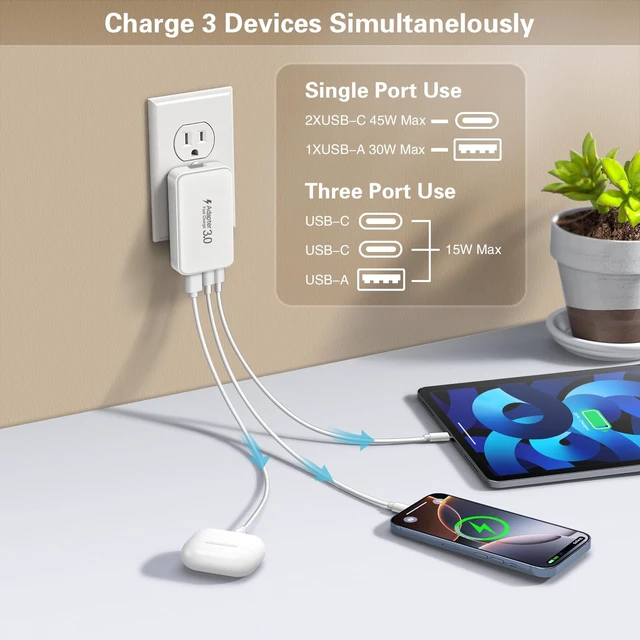 Alt view image 4 of 7 - 3Pack Ultra Thin Flat USBC Charger Block, 60W 3Port Fast Charging Wall Plug | Dual USB-C PD3.0 45W & QC3.0 USB-A Foldable Slim Power Adapter for iPhone 18/17/16, Galaxy S25, iPad, Mac, Pixel, Travel