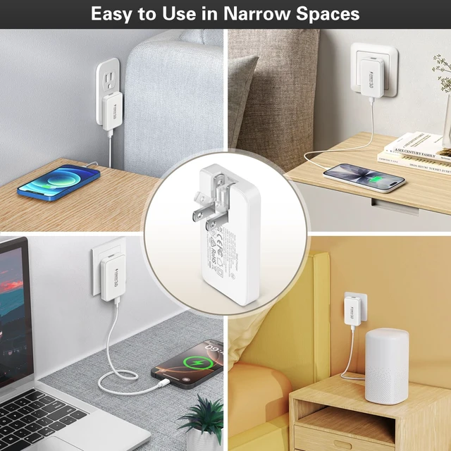Alt view image 6 of 7 - 3Pack Ultra Thin Flat USBC Charger Block, 60W 3Port Fast Charging Wall Plug | Dual USB-C PD3.0 45W & QC3.0 USB-A Foldable Slim Power Adapter for iPhone 18/17/16, Galaxy S25, iPad, Mac, Pixel, Travel