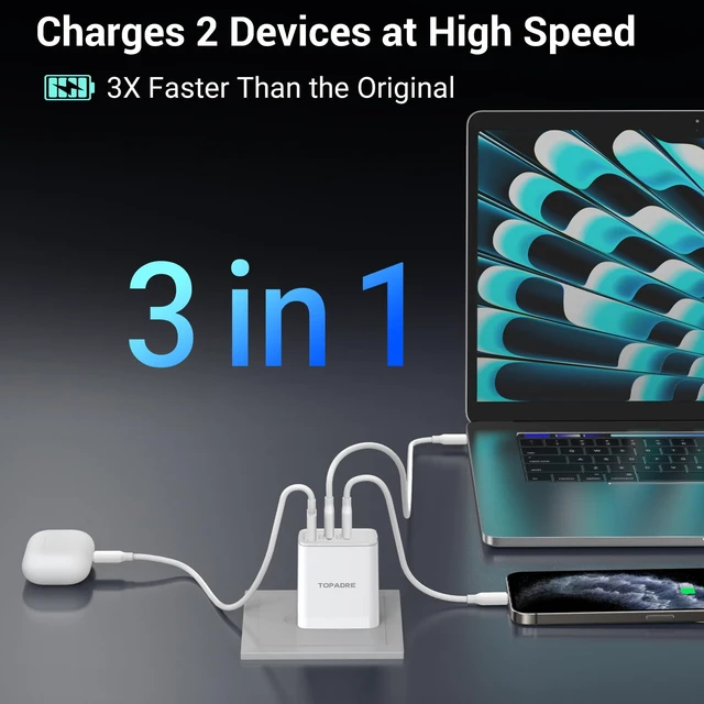 Alt view image 3 of 7 - TOPADRE 65W USB C Charger Block,PD PPS 3 Ports GaN Charger Foldable Compact | Type C Fast Charging for MacBook iPad Pro/Air, iPhone 15/16 Pro/Pro Max, for Samsung Galaxy S24/S23, White