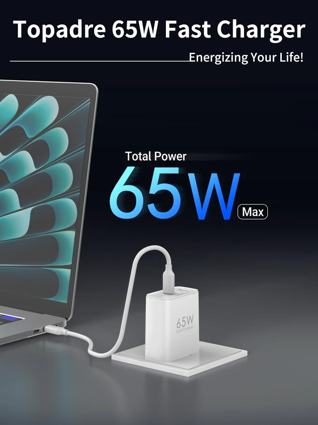 Alt view image 2 of 7 - TOPADRE 65W USB C Charger Block,PD PPS 3 Ports GaN Charger Foldable Compact | Type C Fast Charging for MacBook iPad Pro/Air, iPhone 15/16 Pro/Pro Max, for Samsung Galaxy S24/S23, White