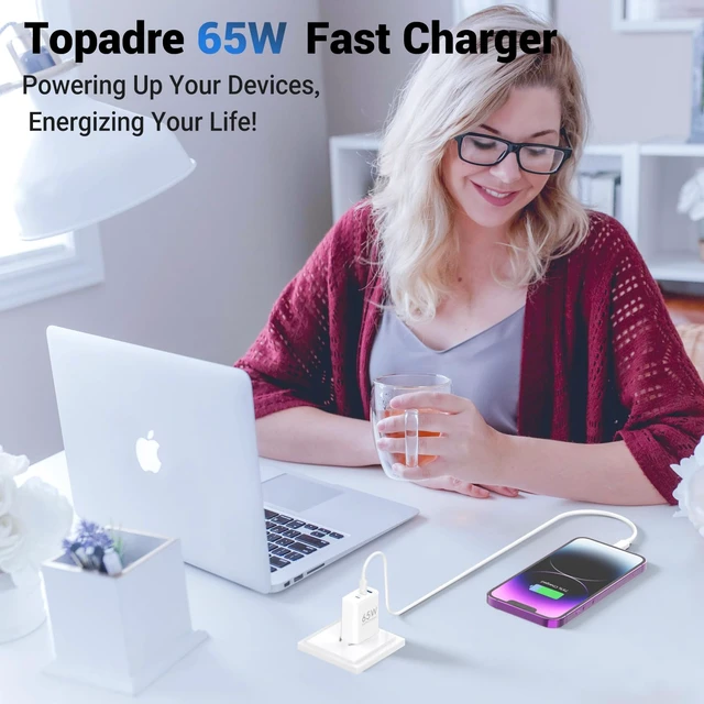 Alt view image 6 of 7 - TOPADRE 65W USB C Charger Block,PD PPS 3 Ports GaN Charger Foldable Compact | Type C Fast Charging for MacBook iPad Pro/Air, iPhone 15/16 Pro/Pro Max, for Samsung Galaxy S24/S23, White