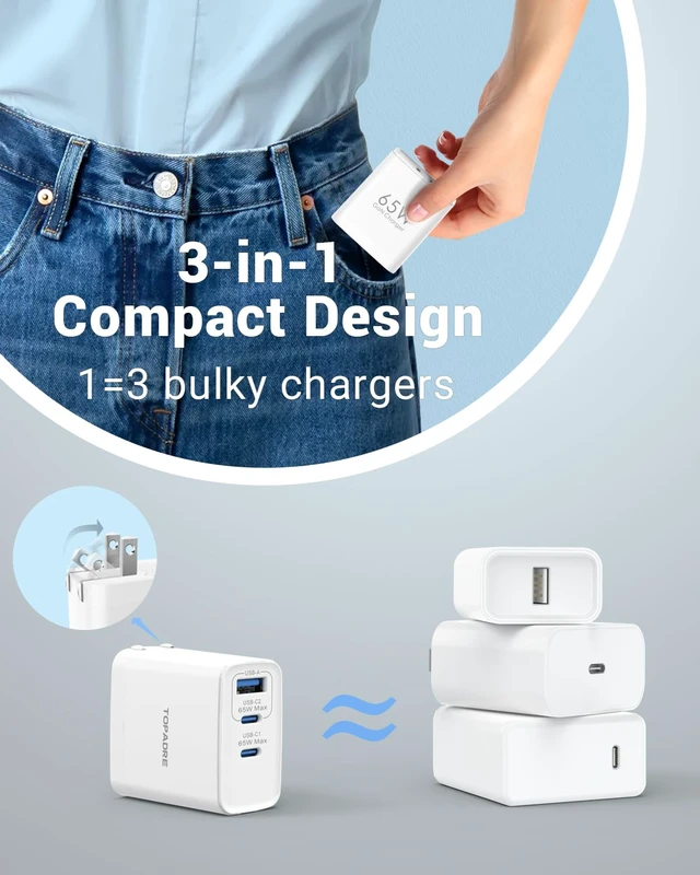 Alt view image 7 of 7 - TOPADRE 65W USB C Charger Block,PD PPS 3 Ports GaN Charger Foldable Compact | Type C Fast Charging for MacBook iPad Pro/Air, iPhone 15/16 Pro/Pro Max, for Samsung Galaxy S24/S23, White