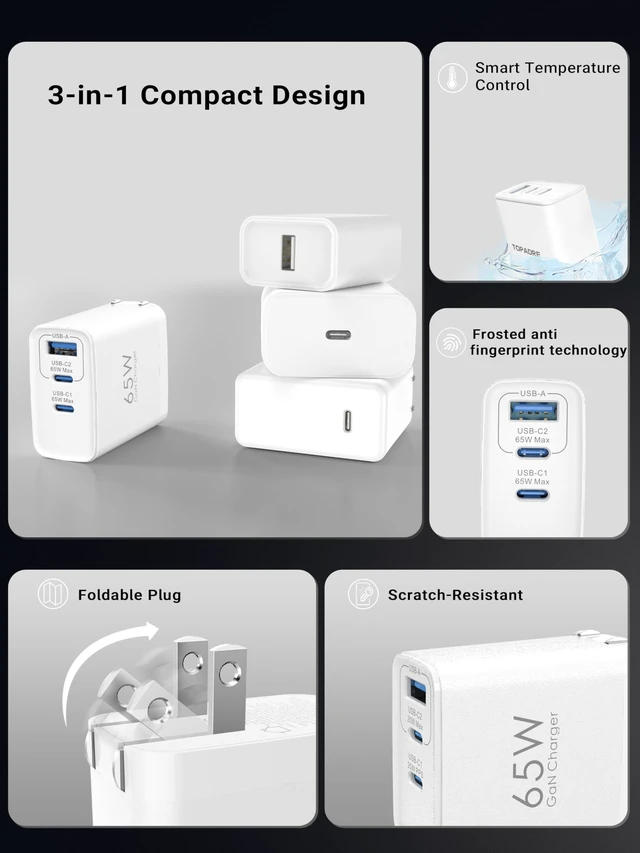 Alt view image 5 of 7 - TOPADRE 65W USB C Charger Block,PD PPS 3 Ports GaN Charger Foldable Compact | Type C Fast Charging for MacBook iPad Pro/Air, iPhone 15/16 Pro/Pro Max, for Samsung Galaxy S24/S23, White