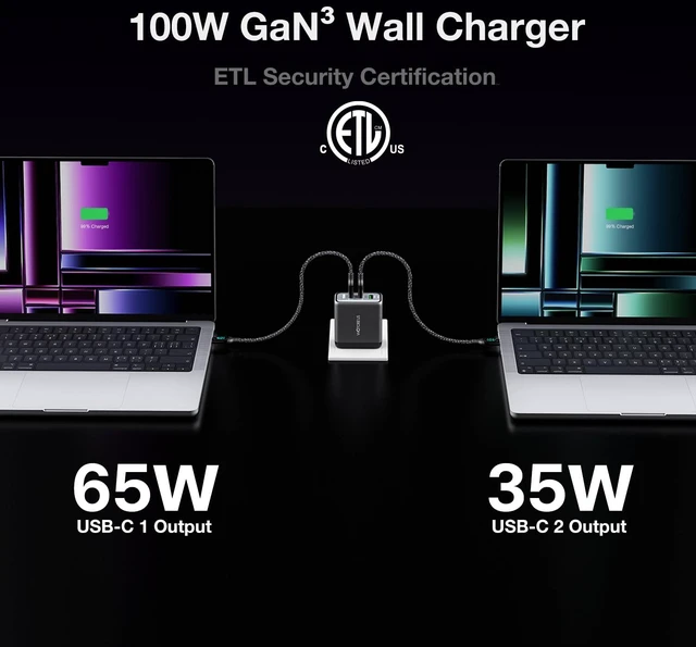 Alt view image 2 of 7 - WOTOBEUS USB C GaN3 Wall Charger Block - ETL, 3 Independent Ports, PD 100W & PPS 45W Super Fast Charging, Type-C Laptops Power Adapter, Fit for MacBook iPad iPhone 16/15 Galaxy S25/S24 Pixel Motorola