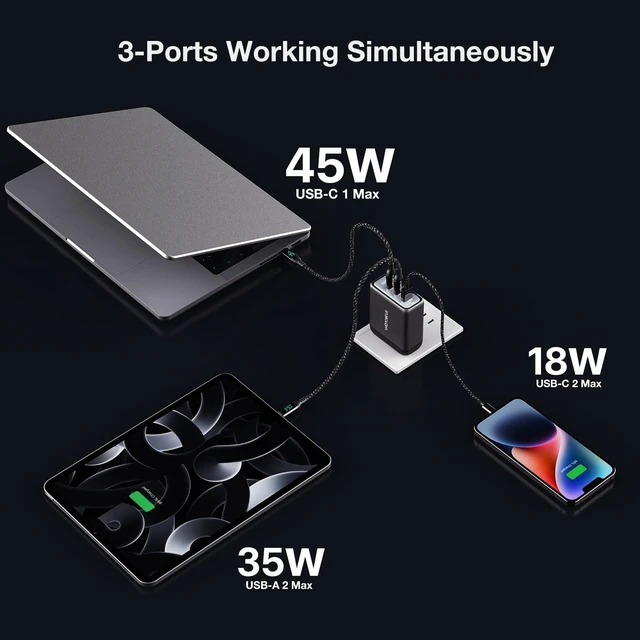 Alt view image 4 of 7 - WOTOBEUS USB C GaN3 Wall Charger Block - ETL, 3 Independent Ports, PD 100W & PPS 45W Super Fast Charging, Type-C Laptops Power Adapter, Fit for MacBook iPad iPhone 16/15 Galaxy S25/S24 Pixel Motorola