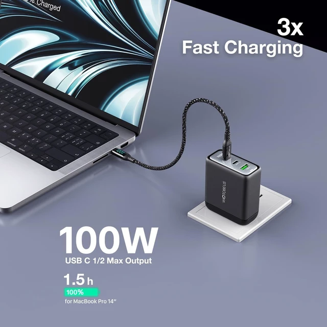Alt view image 6 of 7 - WOTOBEUS USB C GaN3 Wall Charger Block - ETL, 3 Independent Ports, PD 100W & PPS 45W Super Fast Charging, Type-C Laptops Power Adapter, Fit for MacBook iPad iPhone 16/15 Galaxy S25/S24 Pixel Motorola