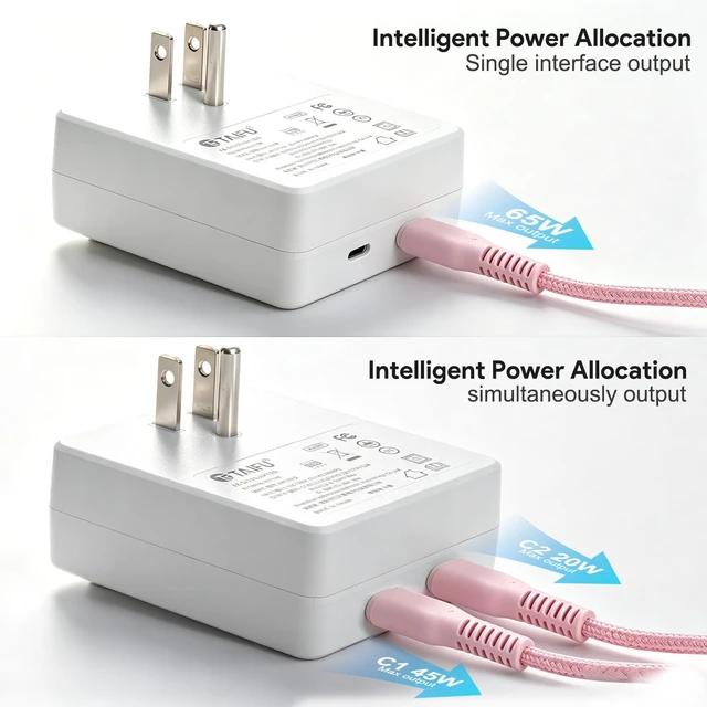 Alt view image 2 of 7 - Multiport 65W USB-C Charger, AC Pro 2-Port Flat USB C Block,Dual Fast Charging Slim Wall Adapter for TRAVOR Magnetic Bluetooth Speaker, iPhone 16/15/14, iPad, Samsung Galaxy, Includes 2 USB-C Cables